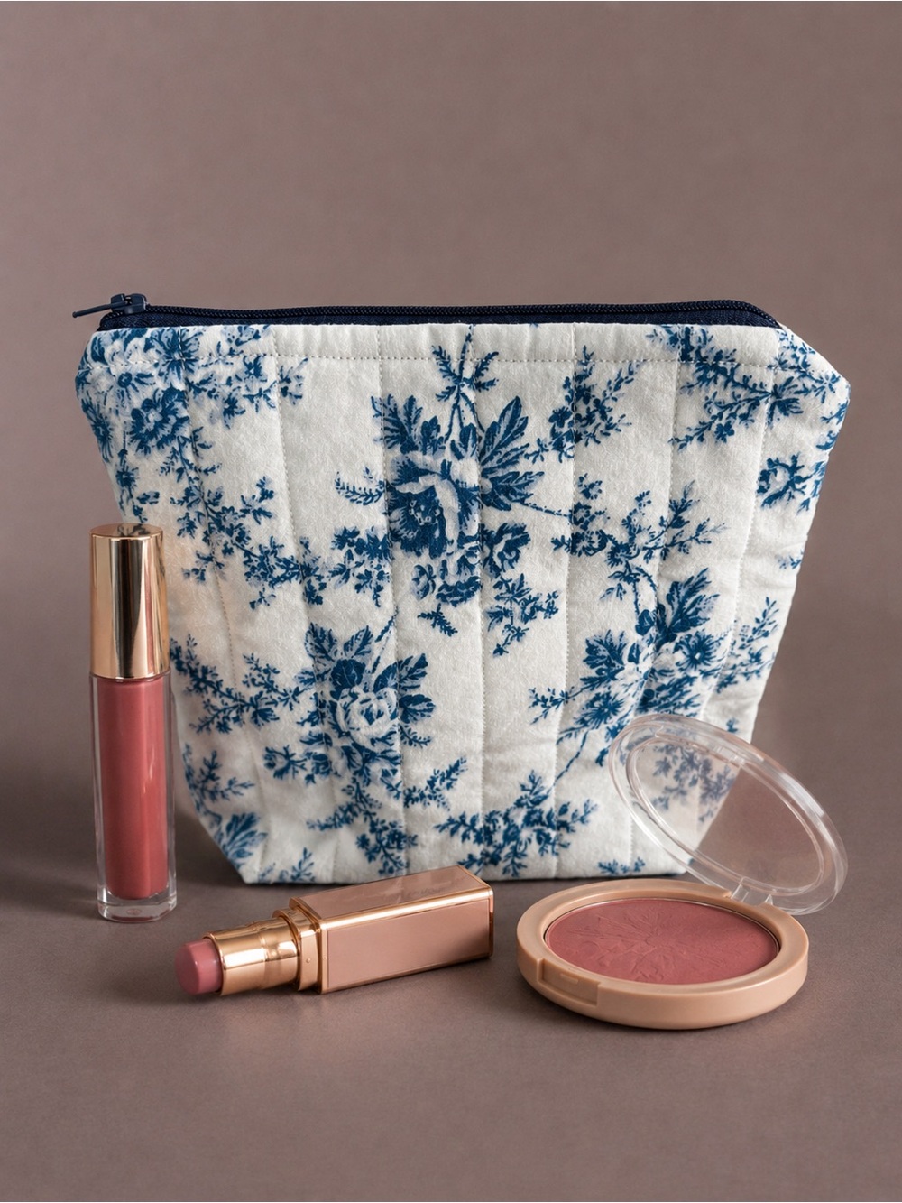 Quilted Floral Cosmetic Pouch in Blue and White